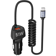 Încărcător auto rapid USB C, porturi duble de 51 W, cablu încărcător telefon tip C încorporat de 5,9 FT, încărcător cu port USB-C și PPS