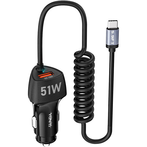 Γρήγορος φορτιστής αυτοκινήτου USB C, δύο θύρες 51W, ενσωματωμένο καλώδιο φορτιστή