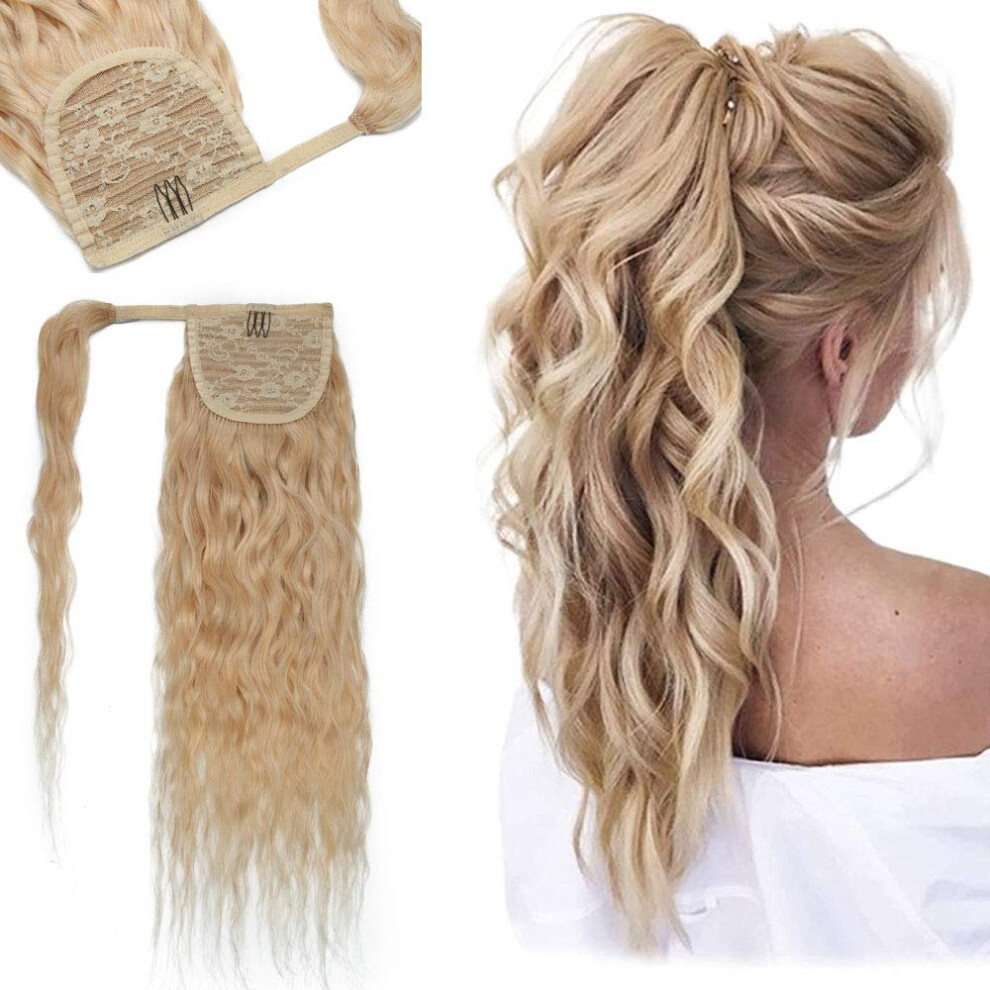 Unisex 613 Bleach Blonde Human Hair Ponytail Extension 22 Inch Long Wavy Wrap Around Clip In