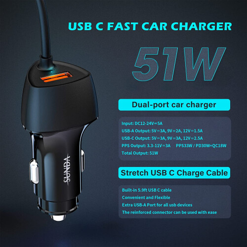 Γρήγορος φορτιστής αυτοκινήτου USB C, δύο θύρες 51W, ενσωματωμένο καλώδιο φορτιστή 1