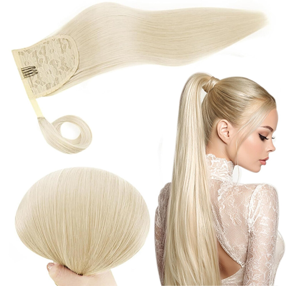 Unisex Silver 18 Inch Platinum Blonde Human Hair Ponytail Extension Â Straight Remy Wrap Around For Instant Volume