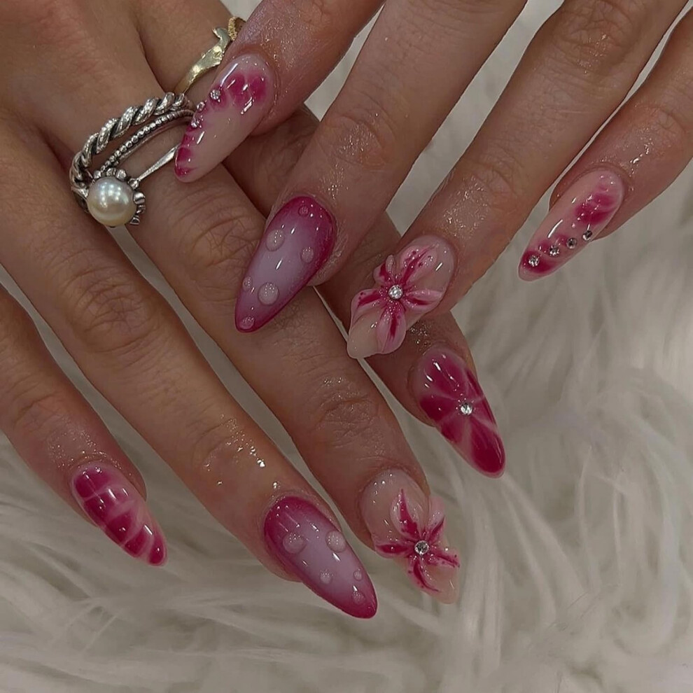 Pink Almond Press On Nails With Rhinestones, Medium Length Acrylic False Nails, Reusable 3D Flower Design