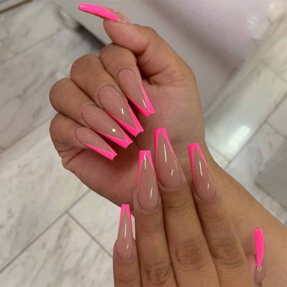 Pink Hot Coffin Extra Long French Press On Nails 24Pcs Longlasting Fake Nails For Women