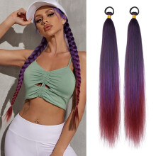 Extensión de coleta trenzada Aiilophu con lazo para el cabello, trenza lisa envolvente degradada en color púrpura, pieza de cabello sintético