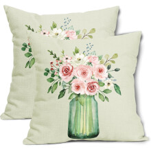 Lentegroene kussenhoezen 20x20 inch (set van 2), roze decoratieve vierkante hoezen met bloemen en bladeren in vaasmotief, katoenlinnen voor bank,