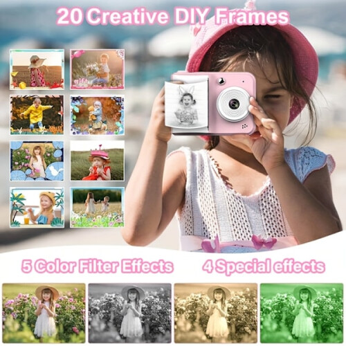 Câmera Digital Infantil Instantânea com Tela de 2,4 Polegadas, 1080P, Rosa 2