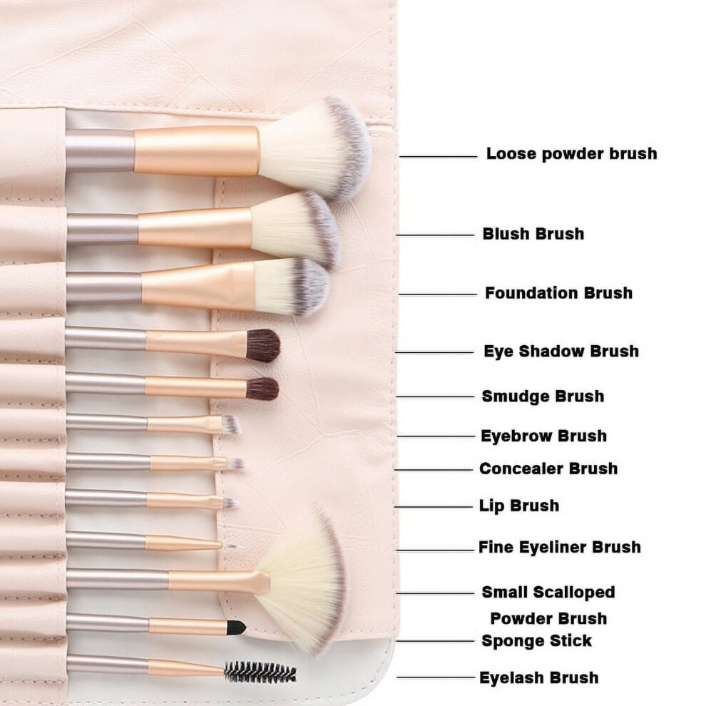 12PCS/Set Wooden Handle Beige Makeup Brush Set Fan Shape Champagne Color Facial Makeup Utensils