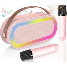 Eccomum Mini-Karaoke-Maschine mit 2 kabellosen Mikrofonen, tragbarem Lautsprecher mit Stereoklang, Bass und LED-Beleuchtung für Kinder und