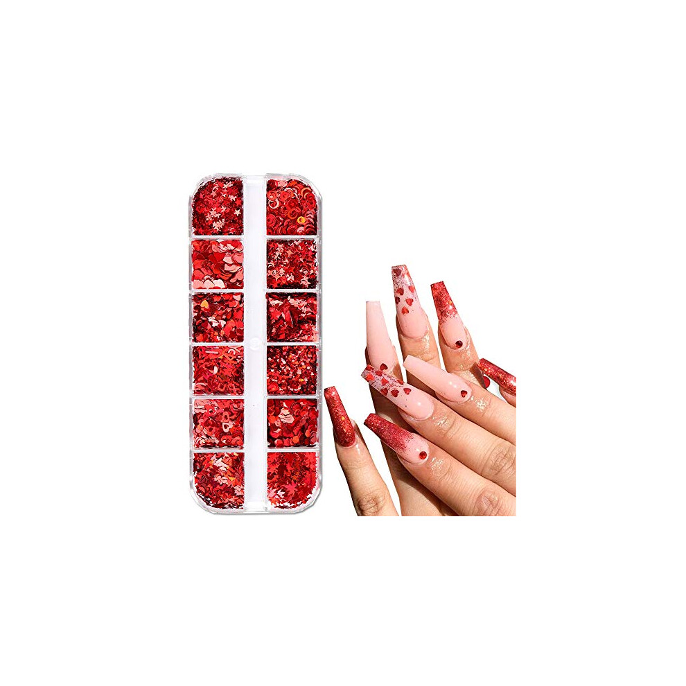 Red Glitter Nail Stickers With Hearts Stars Butterflies, 3D Selfadhesive Nail Art Decals For Valentine's Day Acrylic