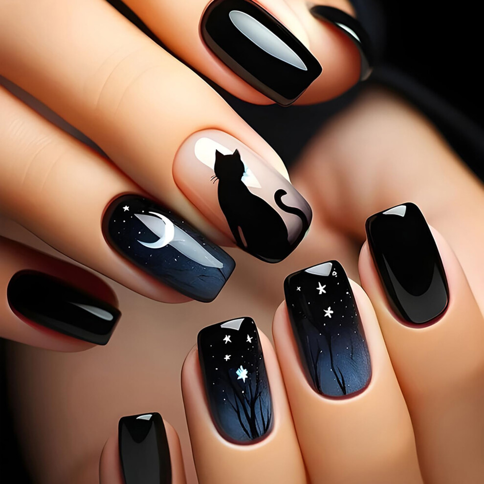 Black Halloween Press On Nails Cat Design Square Acrylic False Nails Gradient Reusable 24Pcs