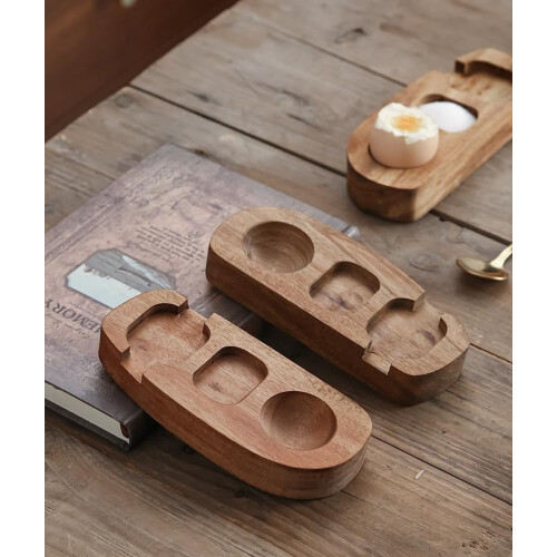 Wooden Egg Cup Holder with Spoon, Solid Wood Breakfast Stand Tray with Condiment Section 1