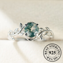 925 Sterling Silver Delicate Leaf Band Ring Green round Agate Niche Unique Wedding Ring