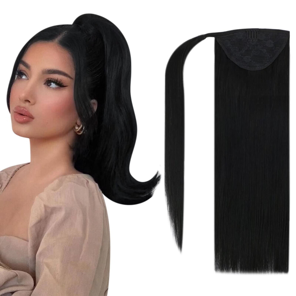Unisex Black Ponytail Hair Extensions 100% Human Hair Wrap Around Natural Straight 14Inch 80G