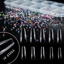 500pcs Clear Acrylic Nail Tips Long Coffin and Square Set with 1400 Gems for Nail Art