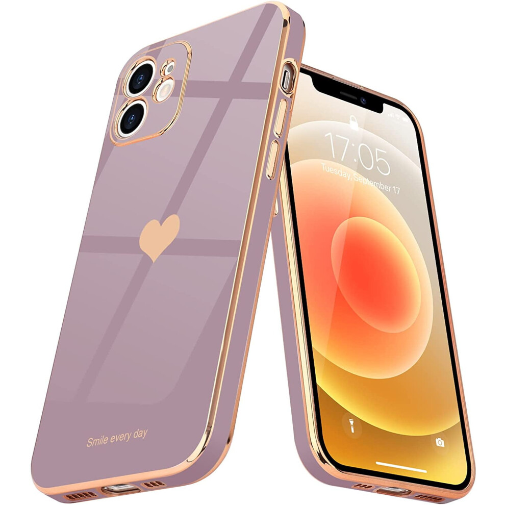 Cute Love-Heart Compatible With Iphone 12 Case For Women/Girl Lavender Soft Shockproof Bumper Cover With Full Camera Protection Purple 9083649923634