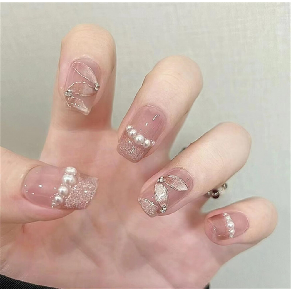 Cream Short Oval Press On Nails Nude Glitter Gradient With Pearls, Longlasting Soft Gel Acrylic Abs