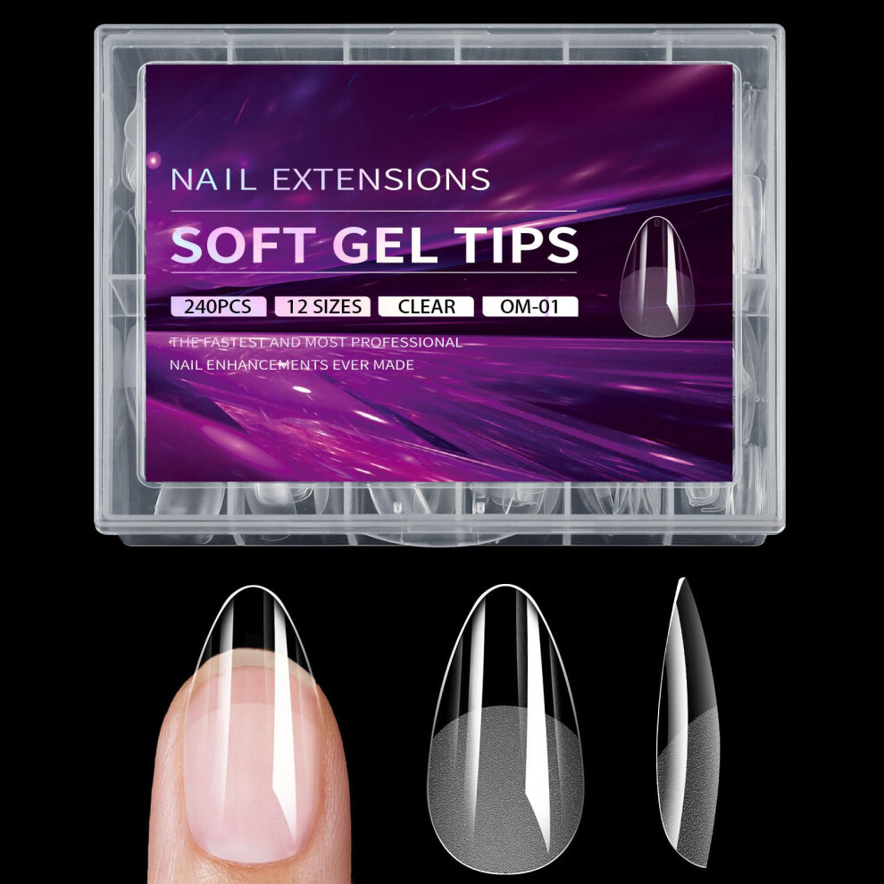 Almond Nail Tips Clear Soft Gel Full Coverage Press On Nails 240Pcs 12 Sizes for DIY Manicure