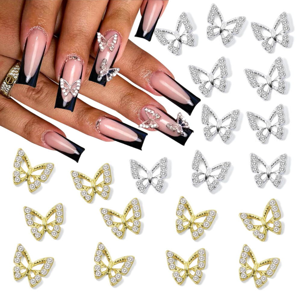 Gold/Silver Butterfly Nail Charms 20Pcs And 3D Nail Art Decorations With Crystal Rhinestones