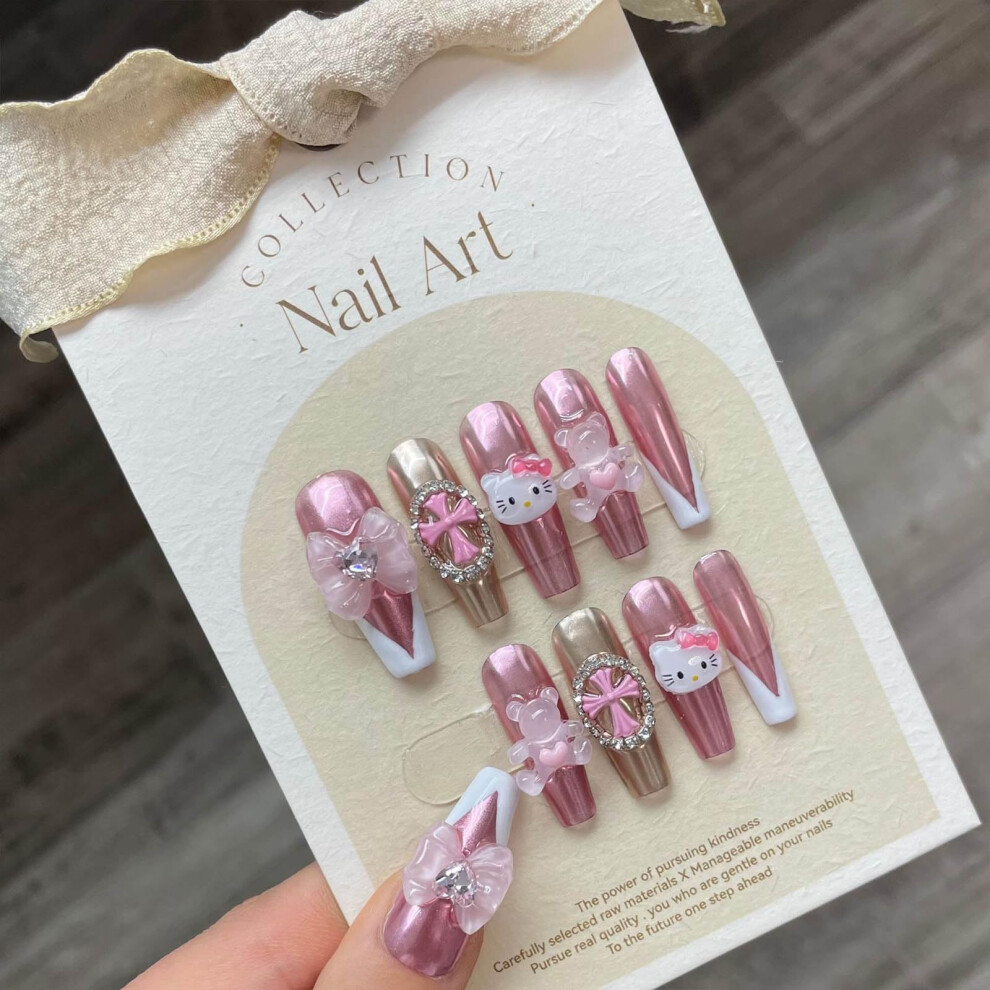 Handmade Gel Pink Coffin Press On Nails with Rhinestones Long Lasting Cute False Nails for Women