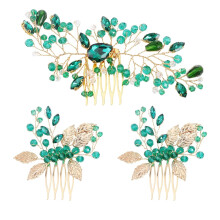 Set di pettini per capelli in lega antica, con strass e filo di rame, dorati, 3 pezzi, 61,5~74x56~130x7~11mm, per banchetti di nozze.
