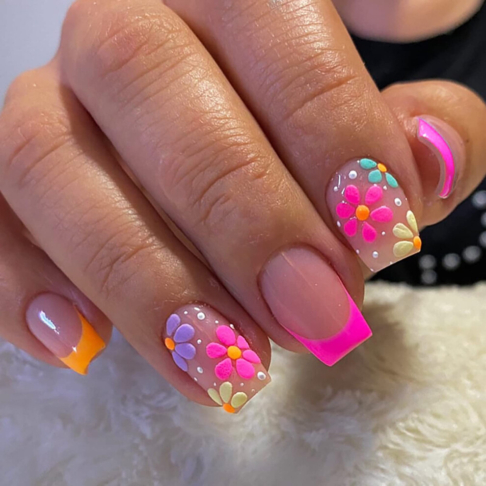 Medium Square Press On Nails Colorful Floral Fake Nails Reusable Acrylic Manicure for Women 24Pcs