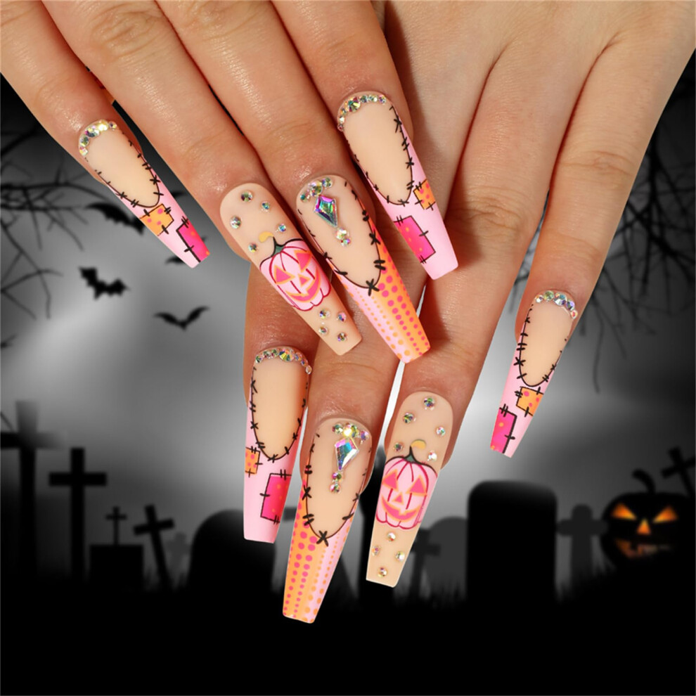 24pcs Long Coffin Press on Nails with Pumpkin Rhinestones Halloween Fake Nails for Women