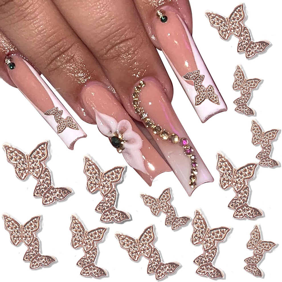 Gold 30Pcs Rose Butterfly Nail Charms With Rhinestones, 3D Metal Nail Art Decorations For Acrylic Nails