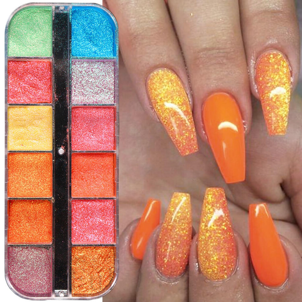 Chrome Nail Powder 12Grid Color Set, Metallic Mirror Finish Holographic Effect for UV Gel Nails