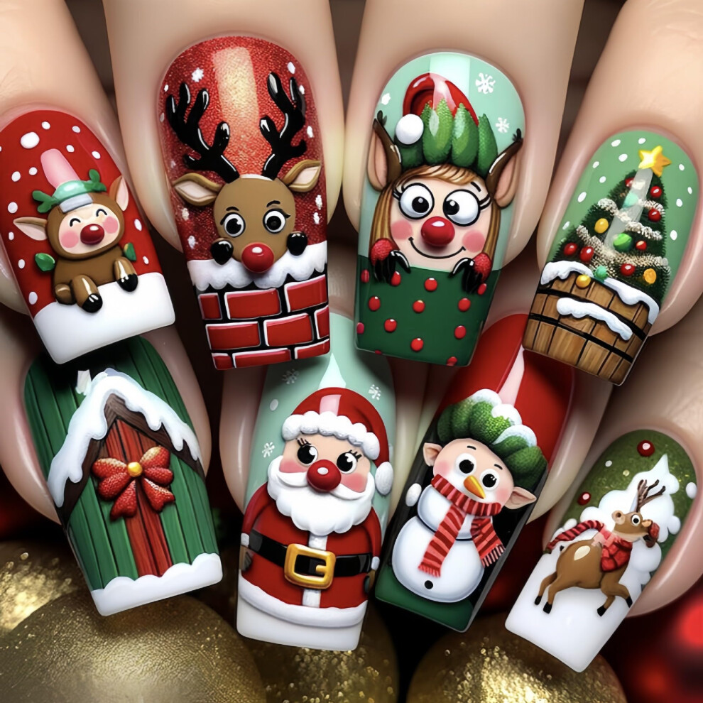 Green Christmas Coffin Press On Nails Medium Fake Nails With Xmas Designs Santa Claus 24Pcs