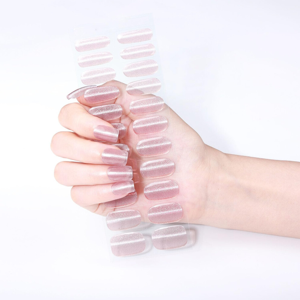 Pink Gel Nail Strips Glitter, Salon Quality, No Lamp Needed, Easy Apply, 22Pcs With Tools