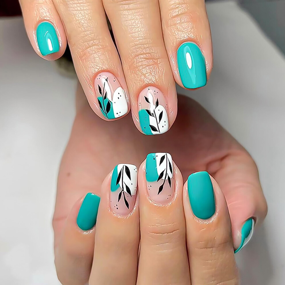 Green Short French Press On Nails Glossy Leaf Design Fake Nails For Women 24Pcs Reusable Set