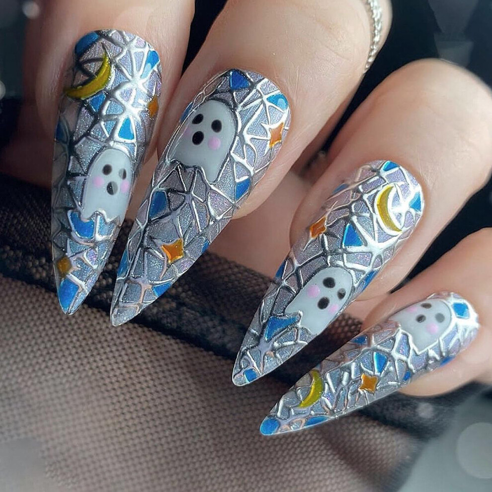 Long Stiletto Press On Nails Halloween Fake Nails with 3D Moon Stars Silvery Acrylic Nail Set 24 Pcs