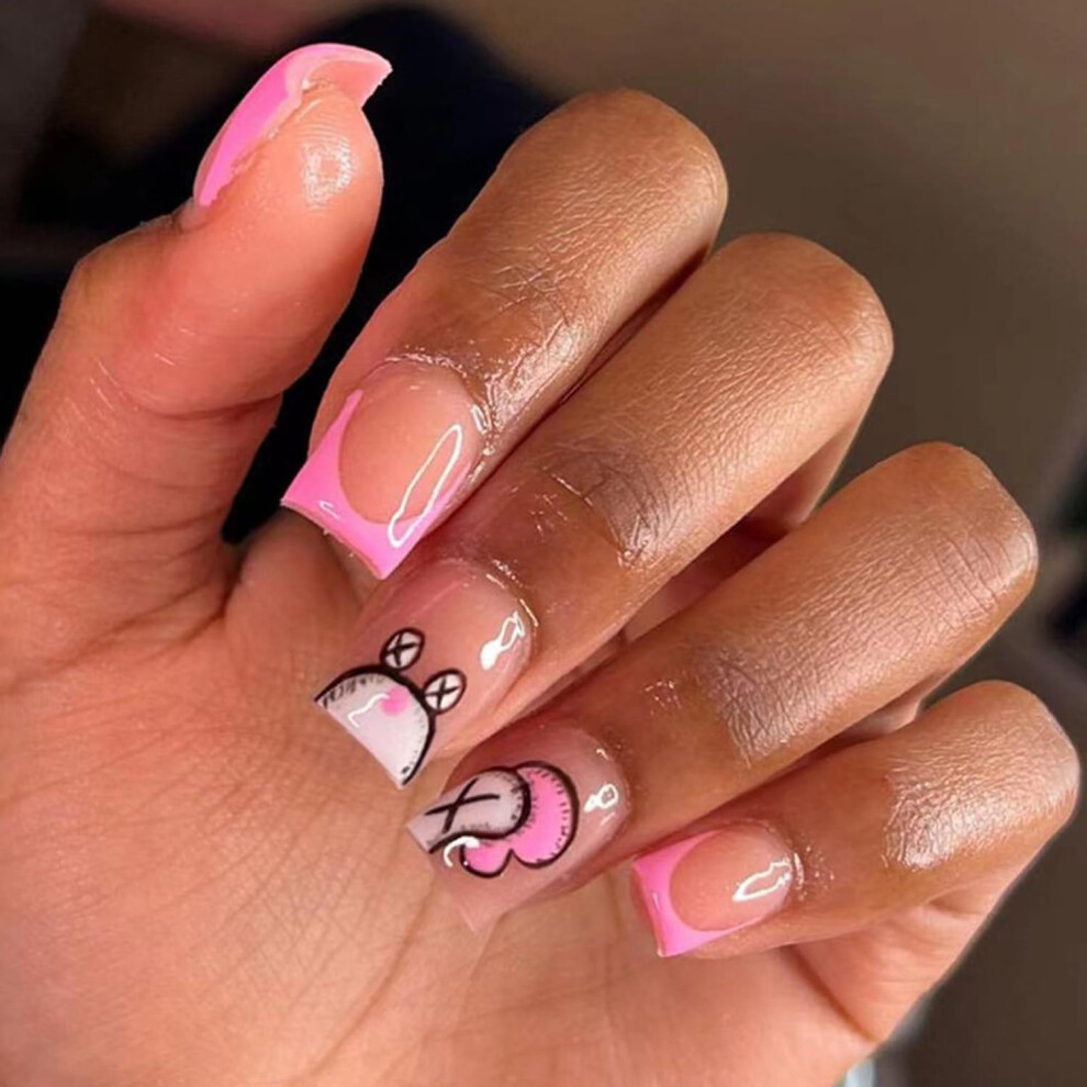 Pink Short Square Press On Nails French Tip Acrylic False Nails Reusable Instant Salon Look 24Pcs
