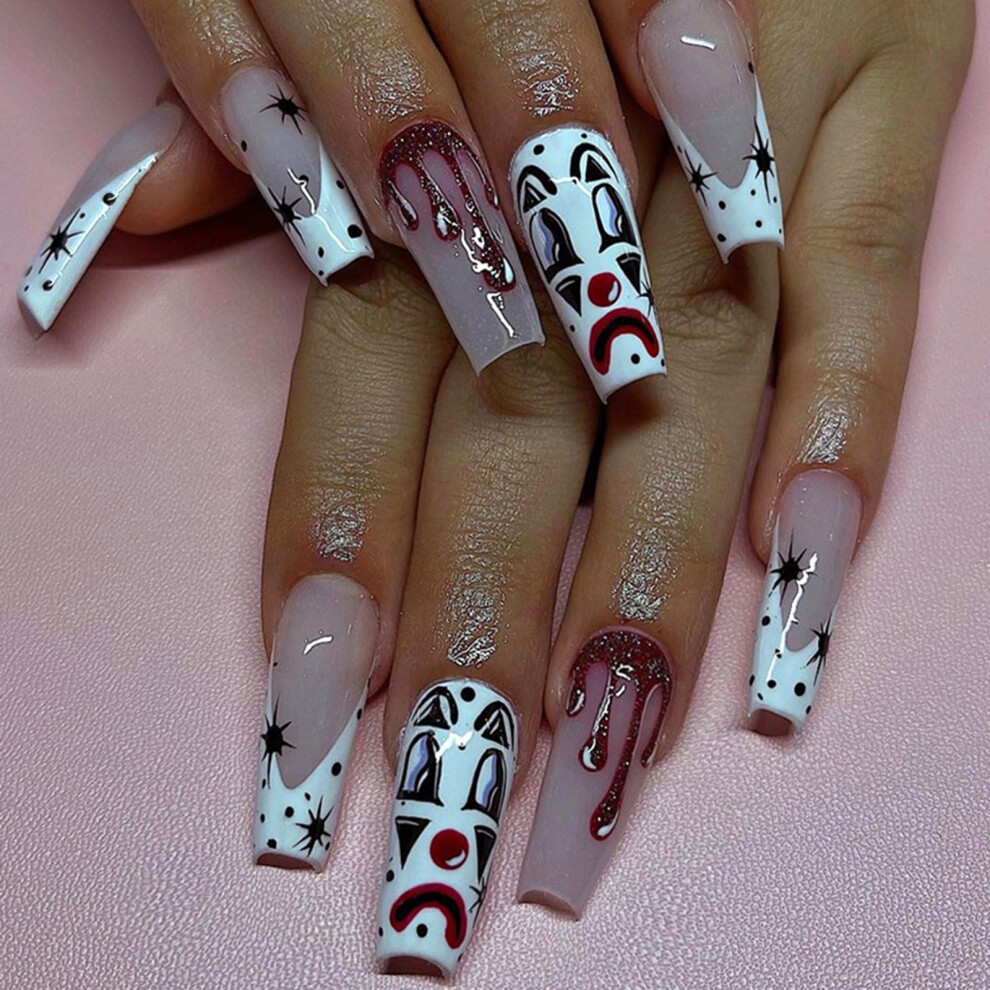 Long Coffin Press On Nails Set Halloween Clown and Black Star Design Fake Nails 24pcs Full Cover
