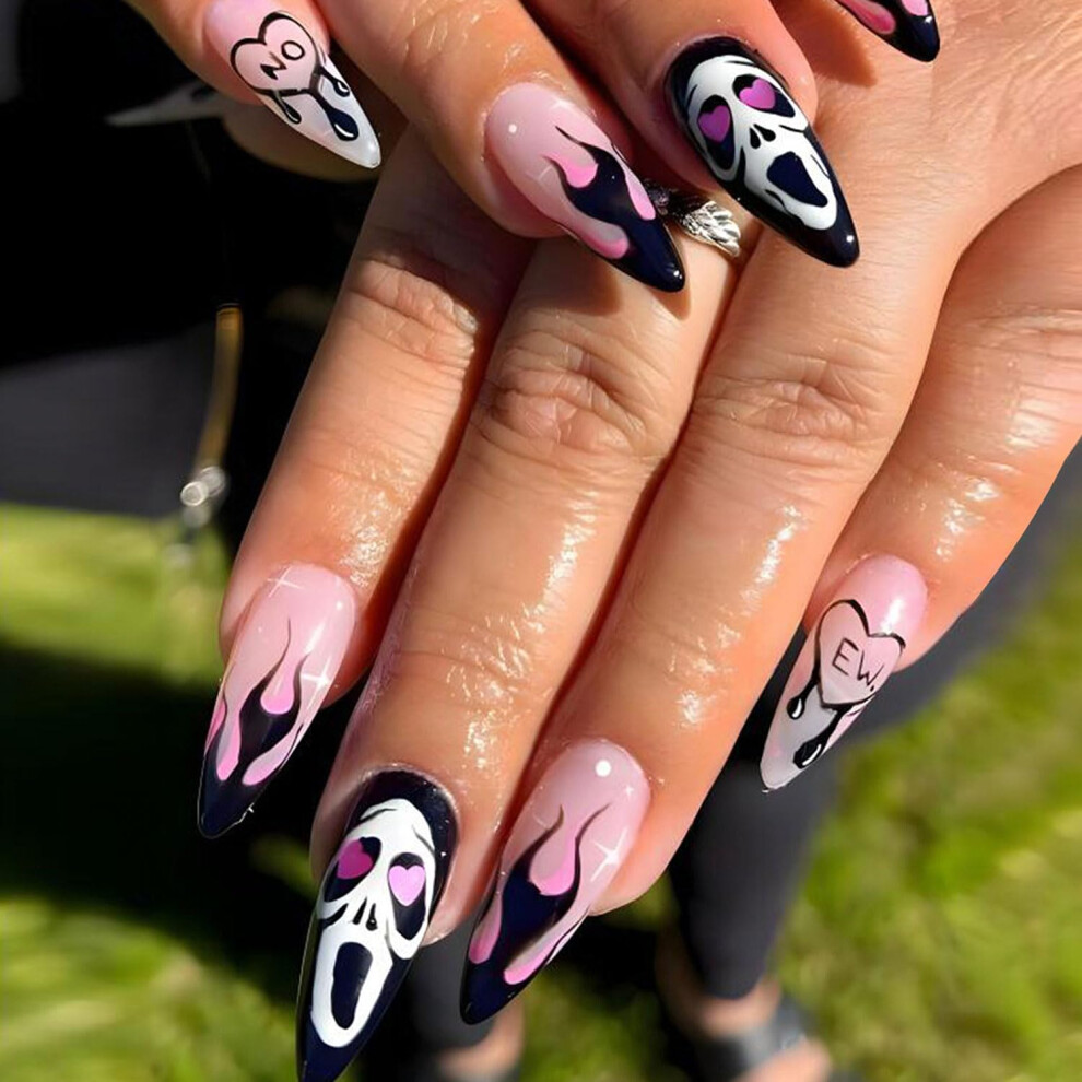 Pink Halloween Press On Nails Medium Almond Ghost And Skull Acrylic Tips Glossy False Nail Set 24Pcs For Women Girls