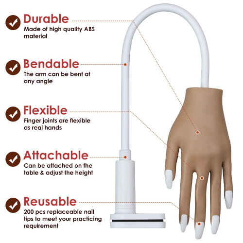 Practice Hand for Nail Art with Secure Tip Locking and Adjustable Flexible Handle, 200pcs Tips, White 1