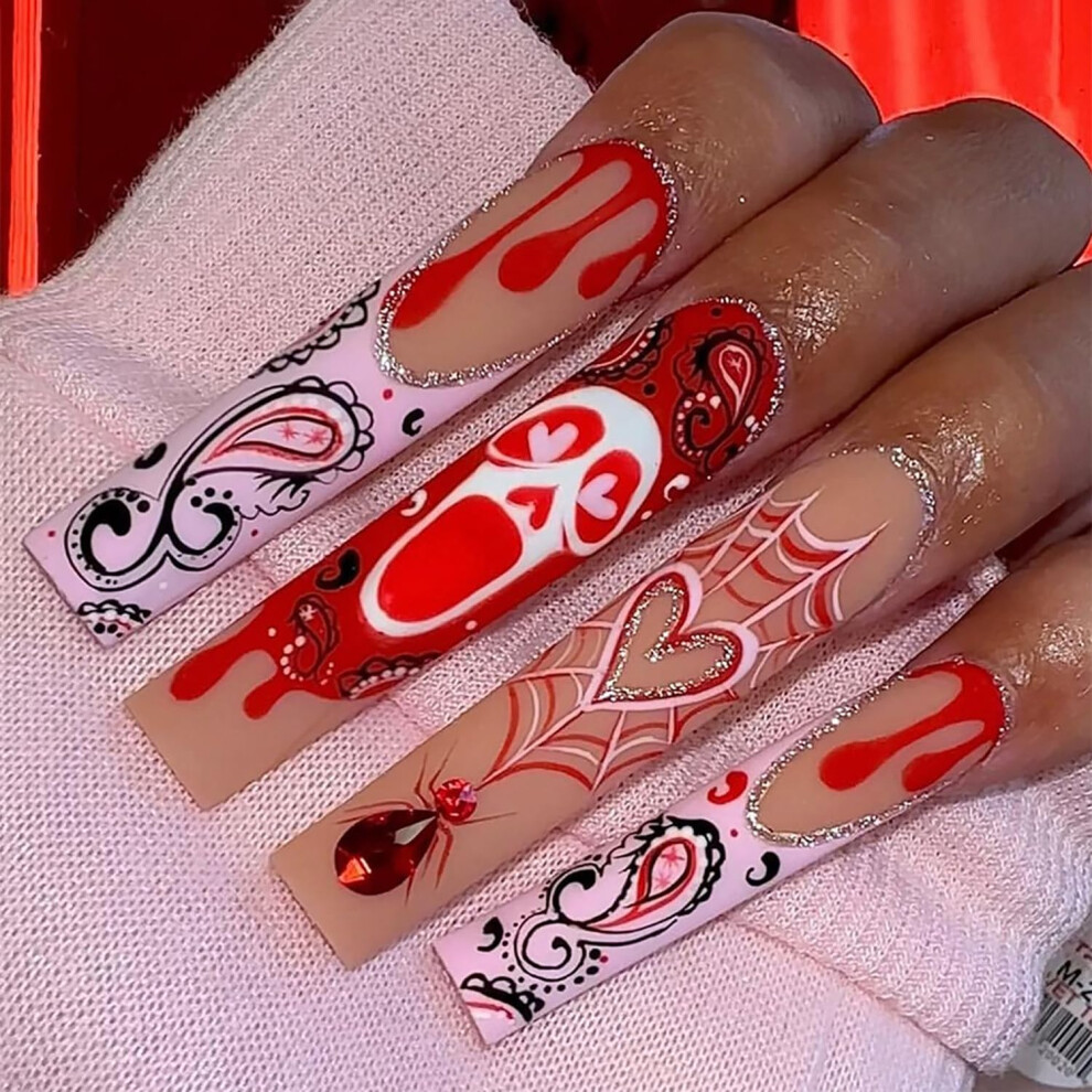 Halloween Press On Nails 24PCS Long Coffin Acrylic False Nails with Ghost and Bloody Heart Design