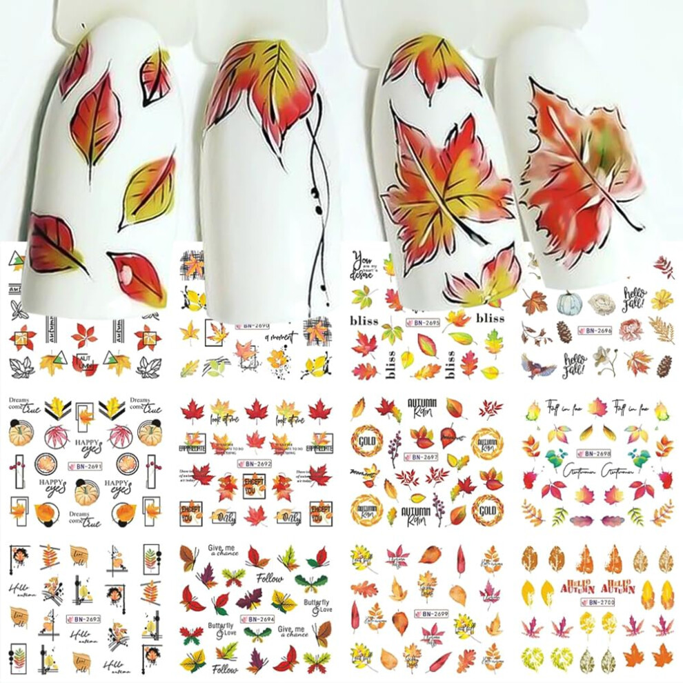 Thanksgiving Nail Stickers Autumn Maple Leaf DIY Nail Art Set Pumpkin Water Transfer Decals 12pcs
