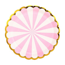 Feestelijke papieren bordjes, 100 stuks, 23 cm, met goudfolie en geschulpte rand, gestreepte pastelkleuren, roze en blauwe macaronkleuren,