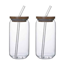 Copo de vidro de 473ml com tampa de bambu e canudo de vidro em formato de lata, caneca de cerveja, caneca de café gelado, copo charmoso