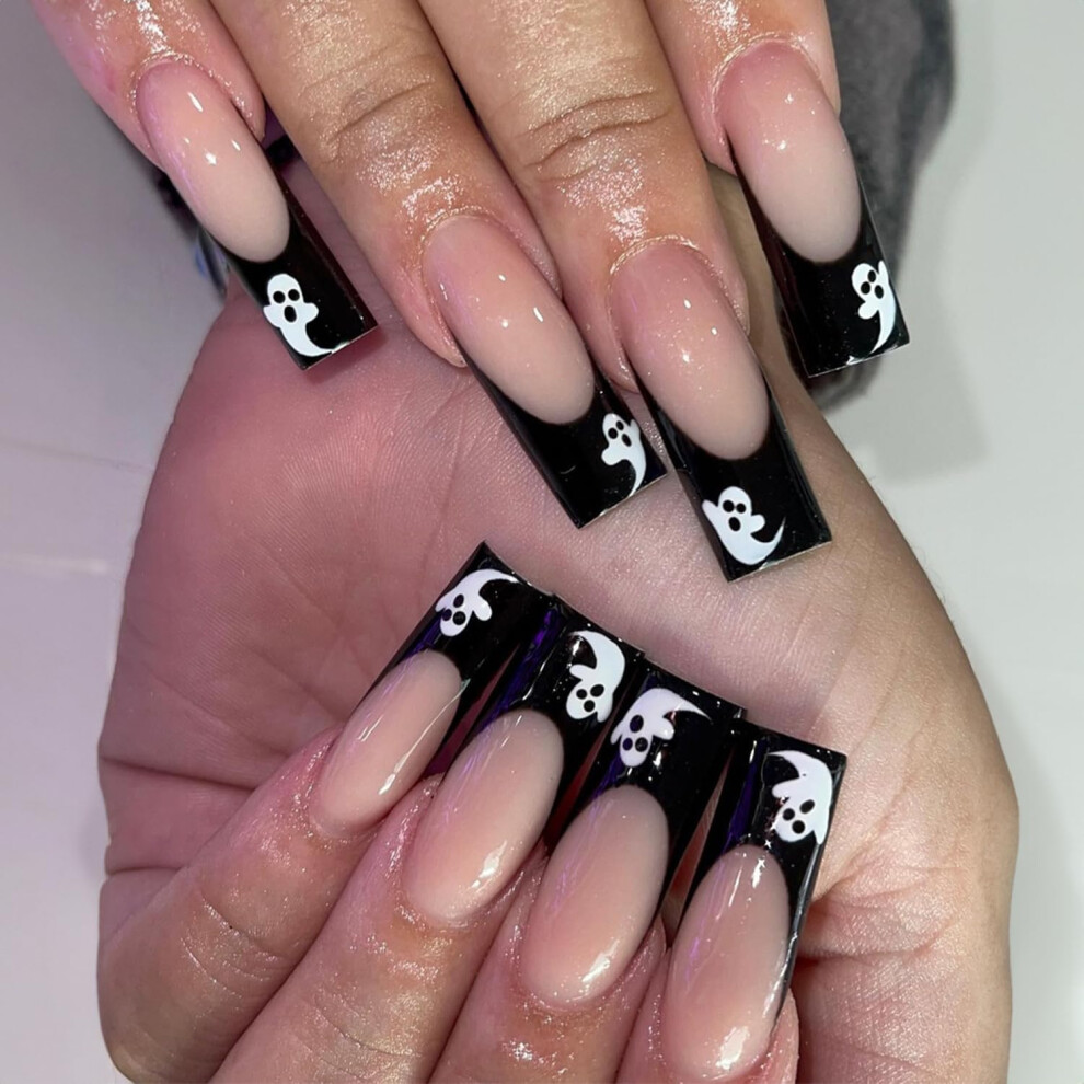 Halloween Press On Nails with Cute Ghost Design, Long Coffin Acrylic False Nails with Glue Set 24Pcs