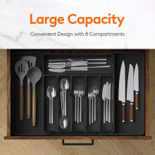 SUSUchens Cutlery Storage Box, Large Capacity Expandable Organizer with Multi Compartments for Forks, Chopsticks, Spoons - Black, Size L