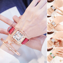 Rygai dameshorloge met armbandenset, vierkante wijzerplaat, verstelbare kunstlederen band, waterdicht, sprankelende strass-steentjes, elegant voor