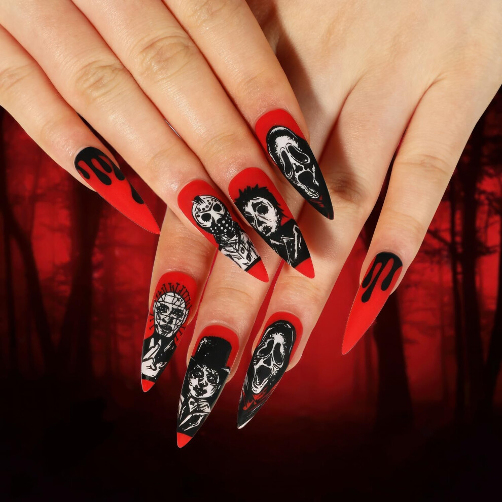 Halloween Long Stiletto Press On Nails Red Glossy Full Cover Gothic Fake Nails with Clown and Skull Designs