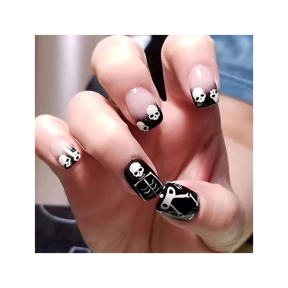 Halloween Press On Nails Set 24Pcs Black White Skull Design Short False Nail Tips with Adhesive Tabs