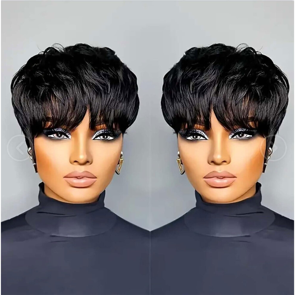 Unisex Black Pixie Cut Wig Human Hair For Women Glueless Layered Virgin Hair With Bangs Color 1B
