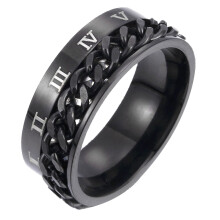 Anillo unisex de acero de titanio con números romanos y cadena retorcida, ideal para fiestas o como regalo.