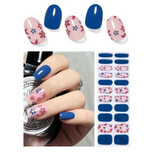 Blue Flower Gel Nail Strips No UV Needed Long Lasting Gloss Finish Easy Apply 22 Pcs