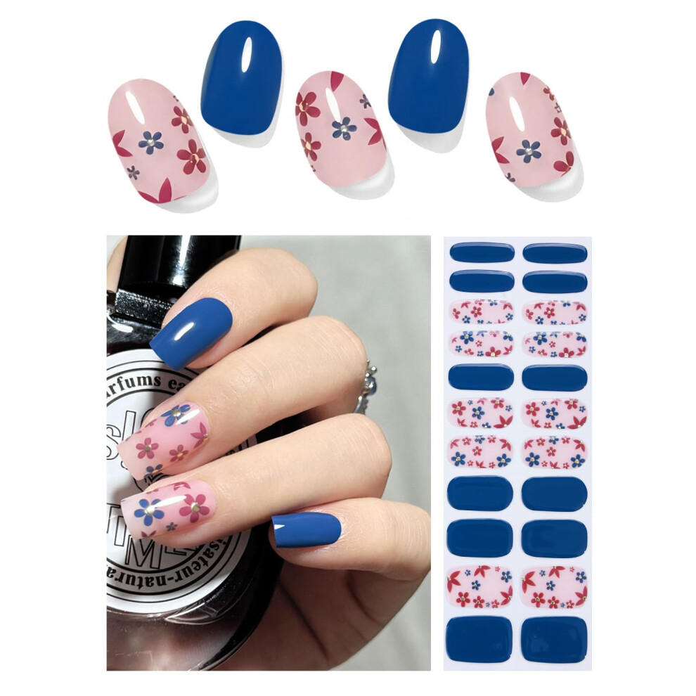 Blue Flower Gel Nail Strips No Uv Needed Long Lasting Gloss Finish Easy Apply 22 Pcs