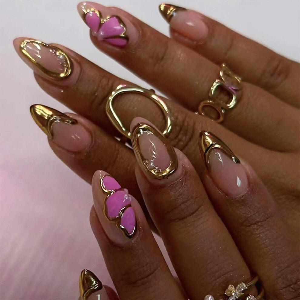 Gold Almond Shape Press On Nails Chrome Butterfly Design Fake Nails 24Pcs Longlasting Salon Look